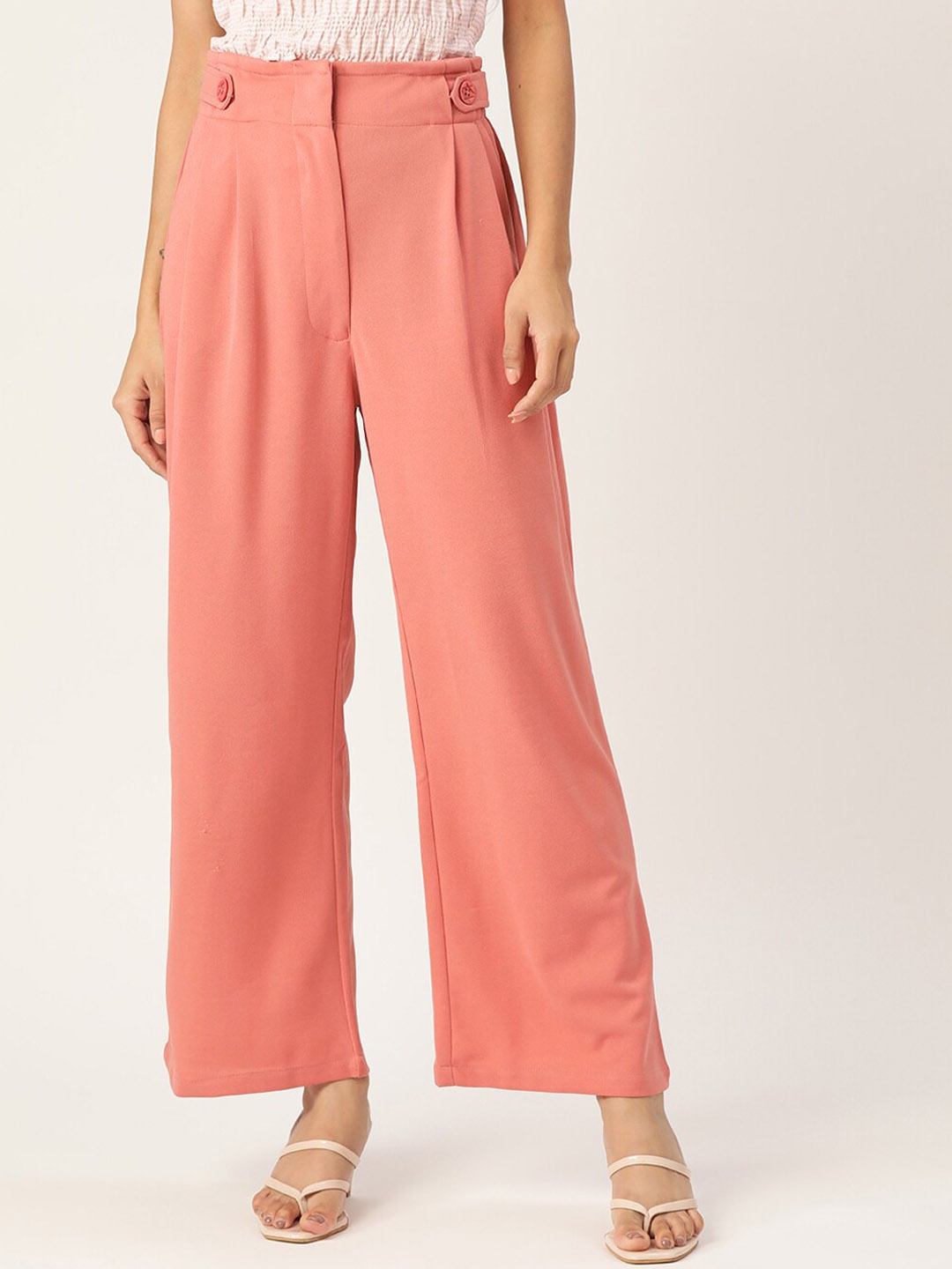 

Zastraa Women Smart Flared High-Rise Pleated Parallel Trousers, Peach