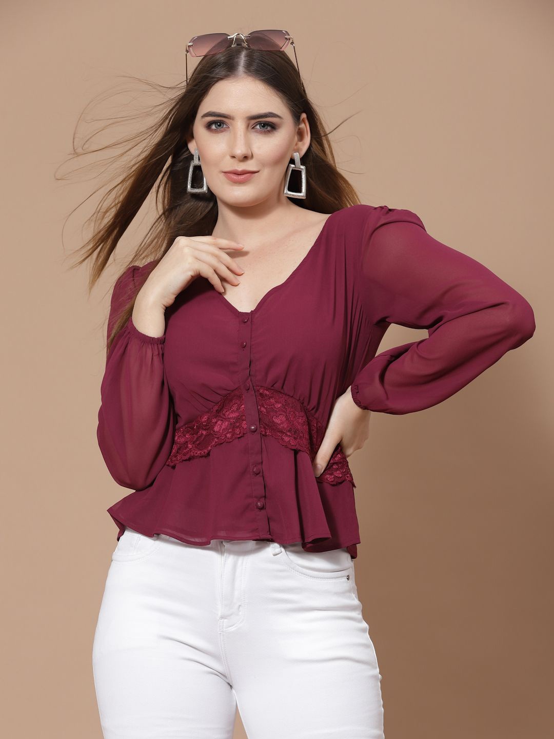 

HOUSE OF KKARMA V Neck Peplum Top, Burgundy