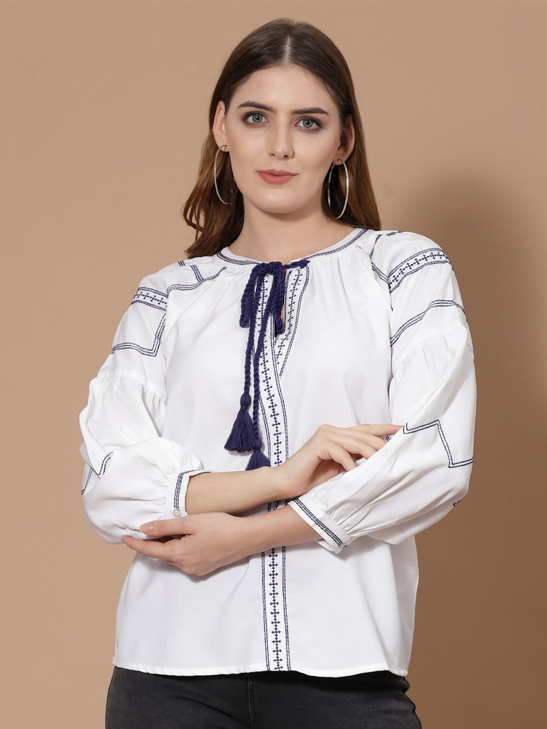 

HOUSE OF KKARMA Tie-Up Neck Cuffed Sleeves Top, White