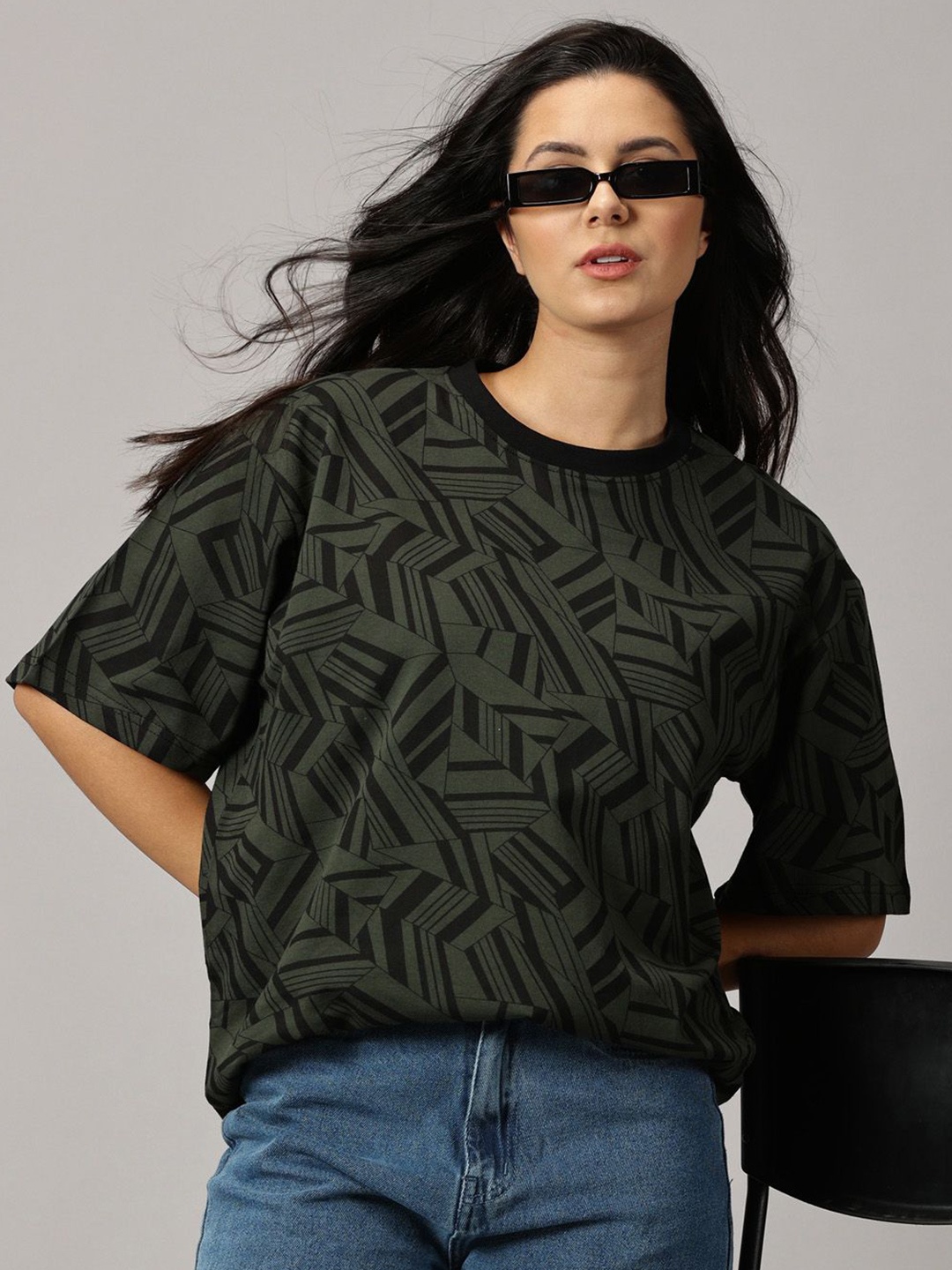 

Rodzen Round Neck Printed Monochrome Oversized Pure Cotton T-shirt, Green