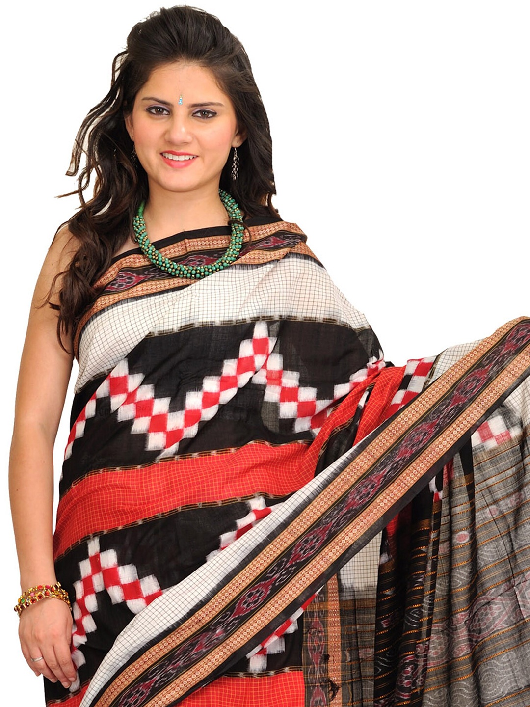 

Exotic India Black & Red Ikat Handloom Rudraksha Border Pochampally Saree and Woven Checks