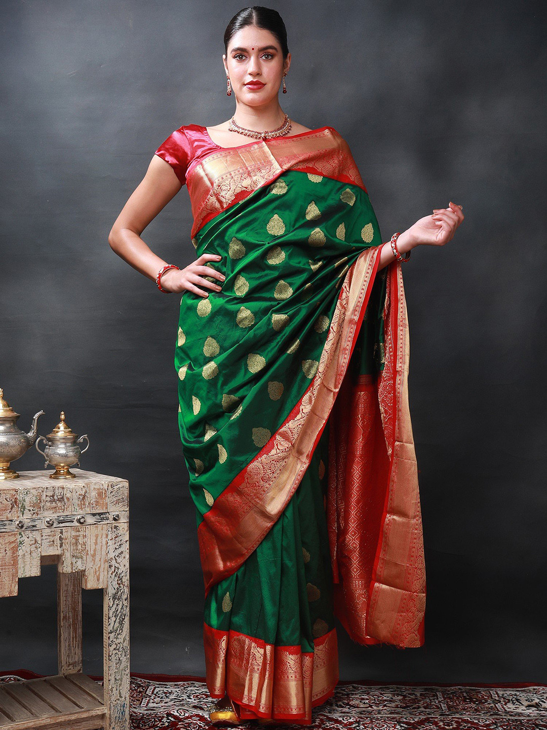 

Exotic India Ethnic Motifs Zari Pure Silk Uppada Saree, Green
