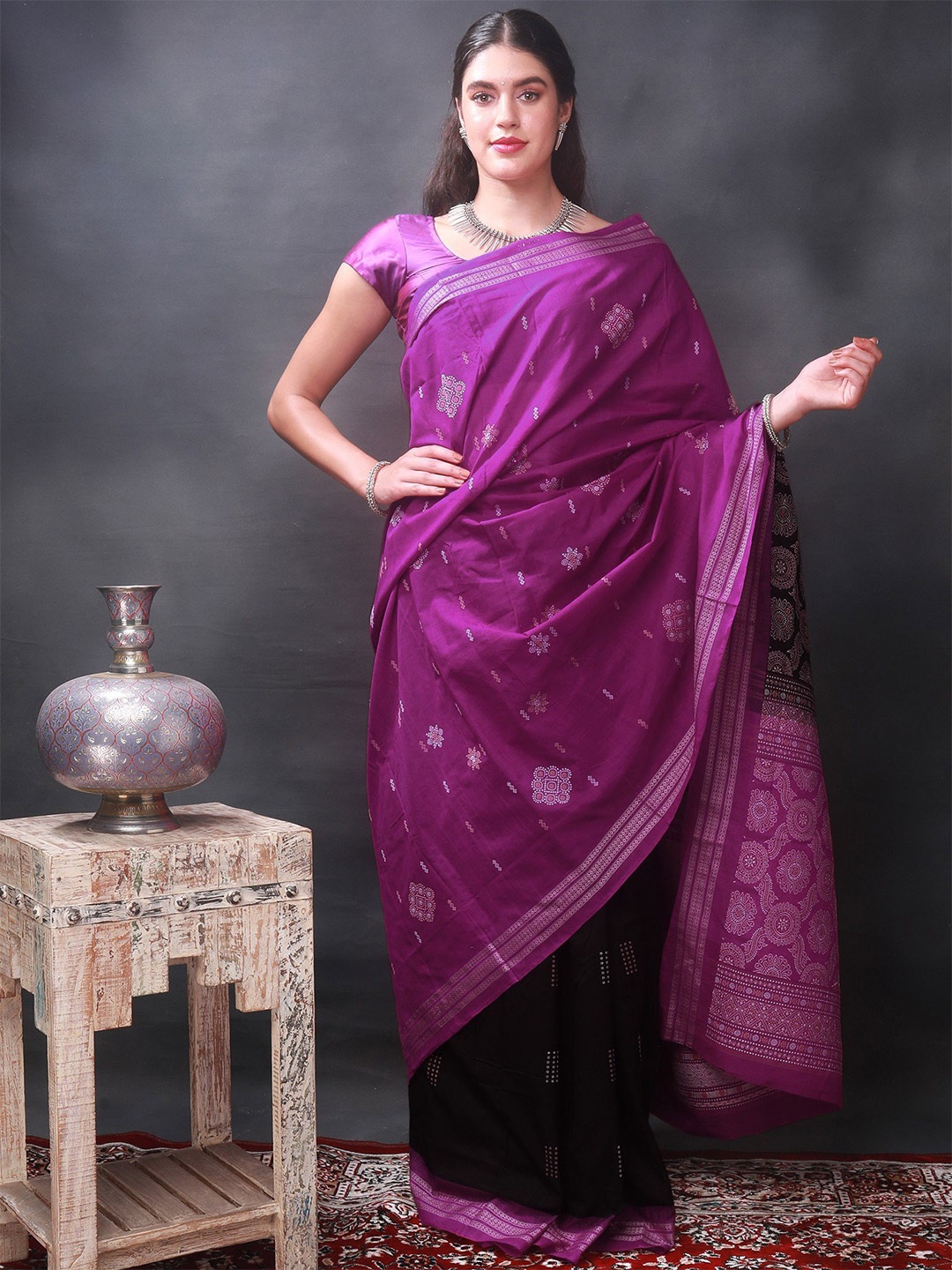 

Exotic India Pure Cotton Magenta Black Bomkai Saree with Woven Floral Motif
