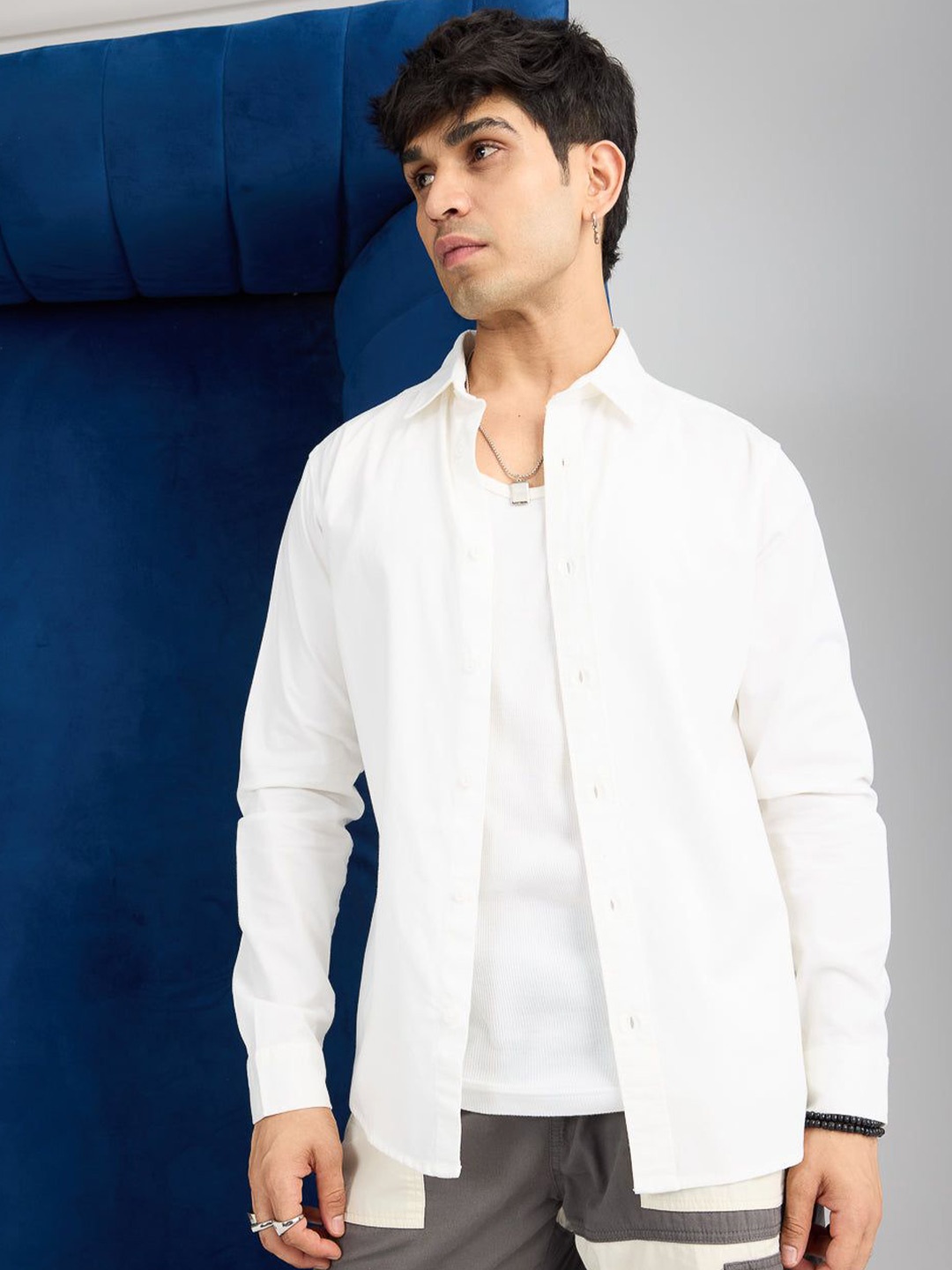 

FREAKINS Spread Collar Cotton Casual Shirt, White