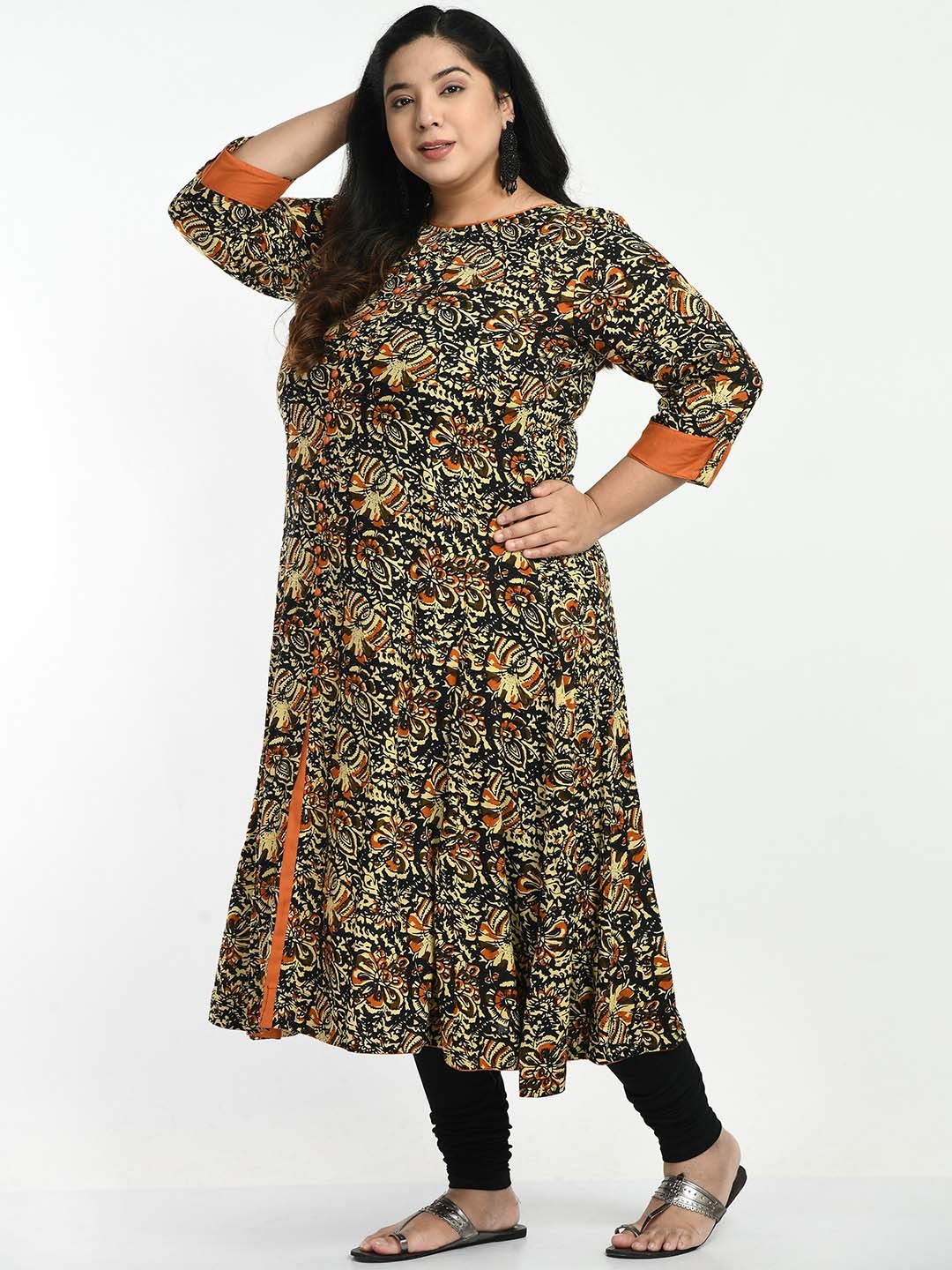 

AnjuShree Choice Plus Size Floral Printed Round Neck A-Line Kurta, Multi