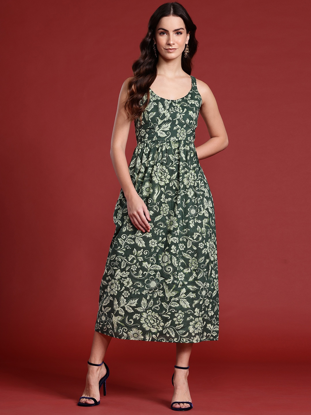 

all about you Floral Print Strappy A-line Midi Dress, Green