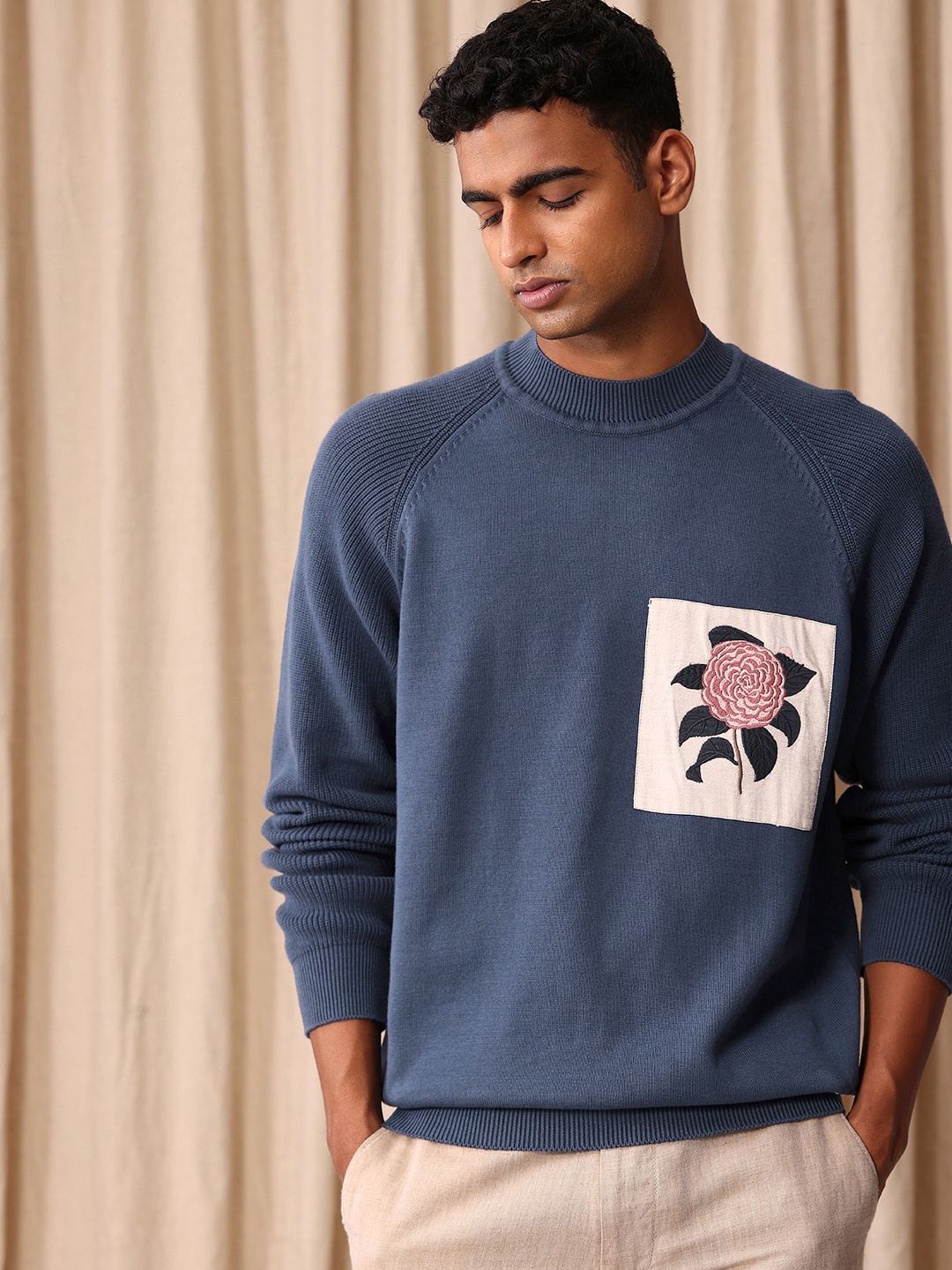 

Mr Bowerbird Pure Cotton Floral Patch Work Oversized Pullover Sweaters, Blue