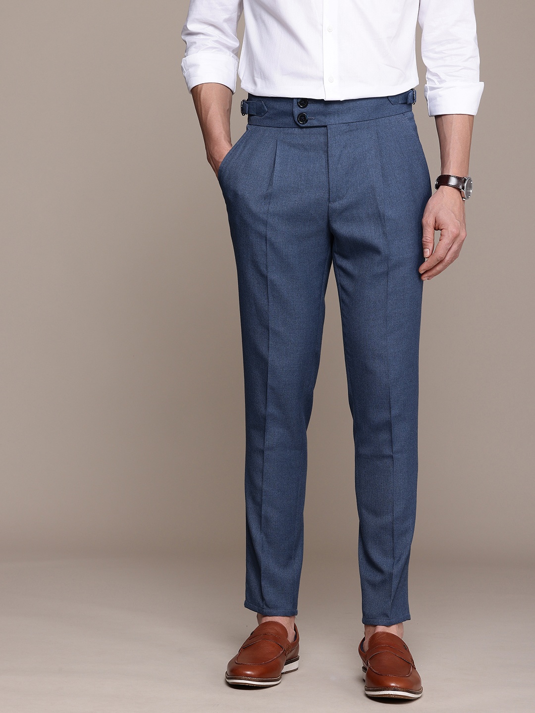 

French Connection Men Slim Fit Pleated Semiformal Trousers, Blue