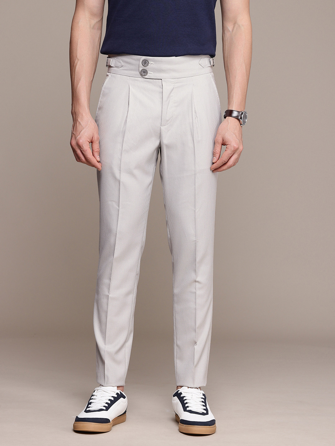 

French Connection Men Self Design Textured Slim Fit Pleated Semiformal Trousers, Grey