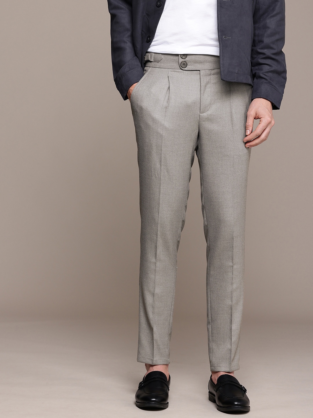 

French Connection Men Self Design Textured Slim Fit Pleated Semiformal Trousers, Grey