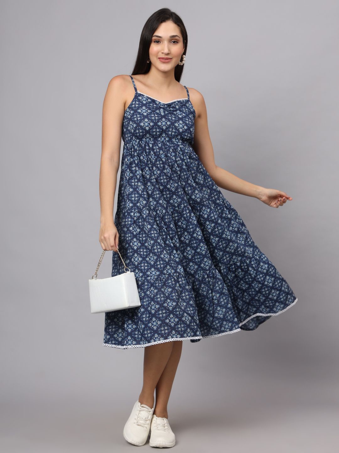 

FABRIC FITOOR Floral Printed Shoulder Straps Cotton Empire Midi Dress, Blue