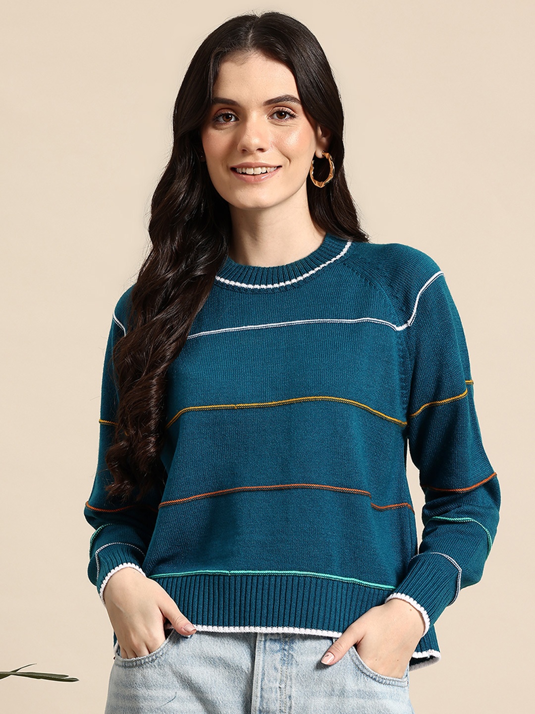 

Mast & Harbour Striped Pure Acrylic Pullover, Teal