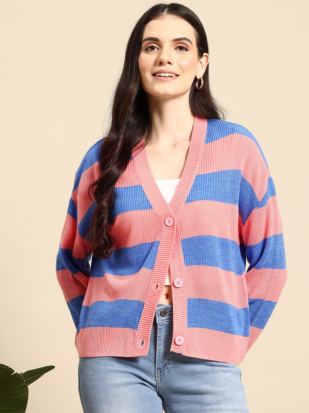 

Mast & Harbour Pure Acrylic Striped Cardigan, Peach