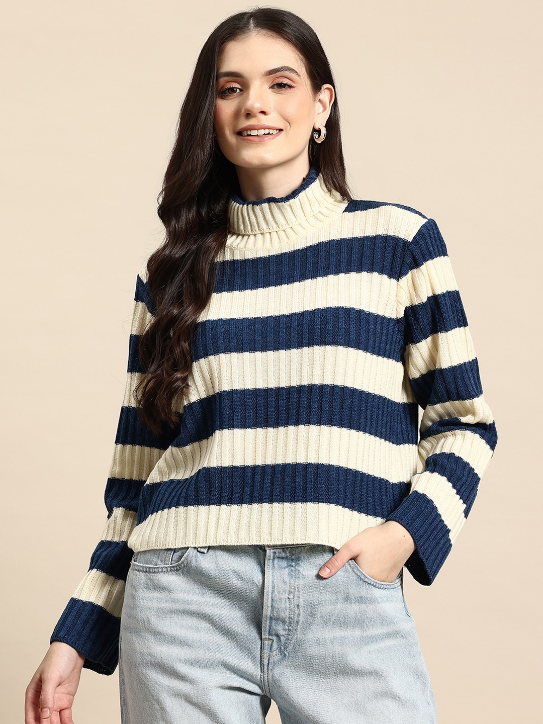 

Mast & Harbour Striped Ribbed Design Acrylic Pullover, Navy blue