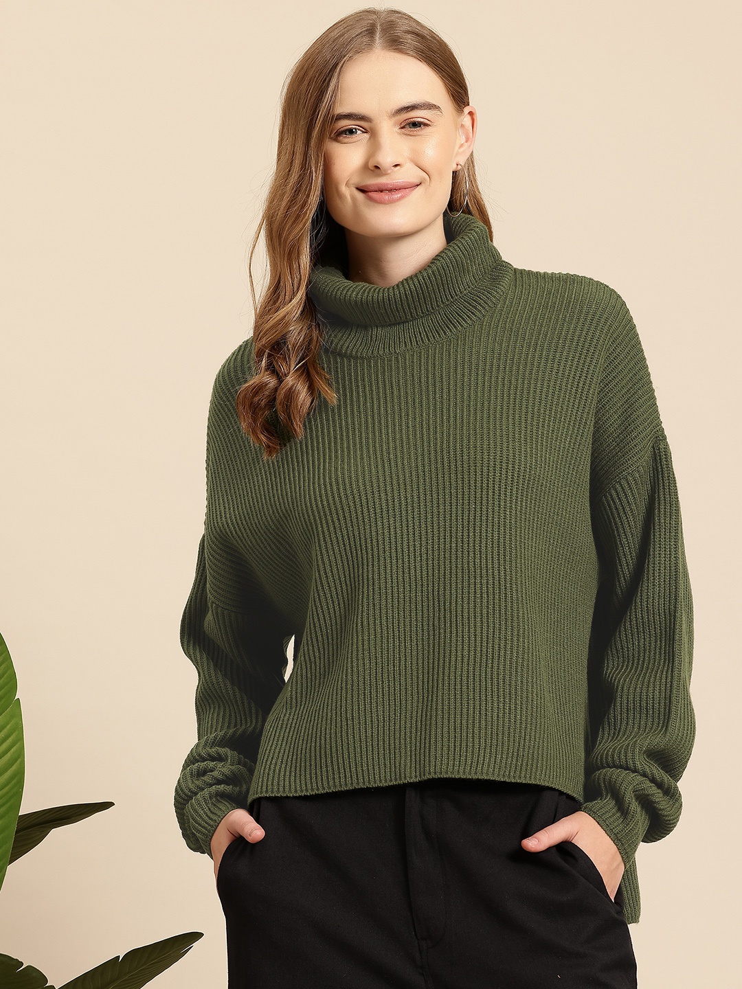 

Mast & Harbour Pure Acrylic Turtle Neck Ribbed High-Low Pullover, Green