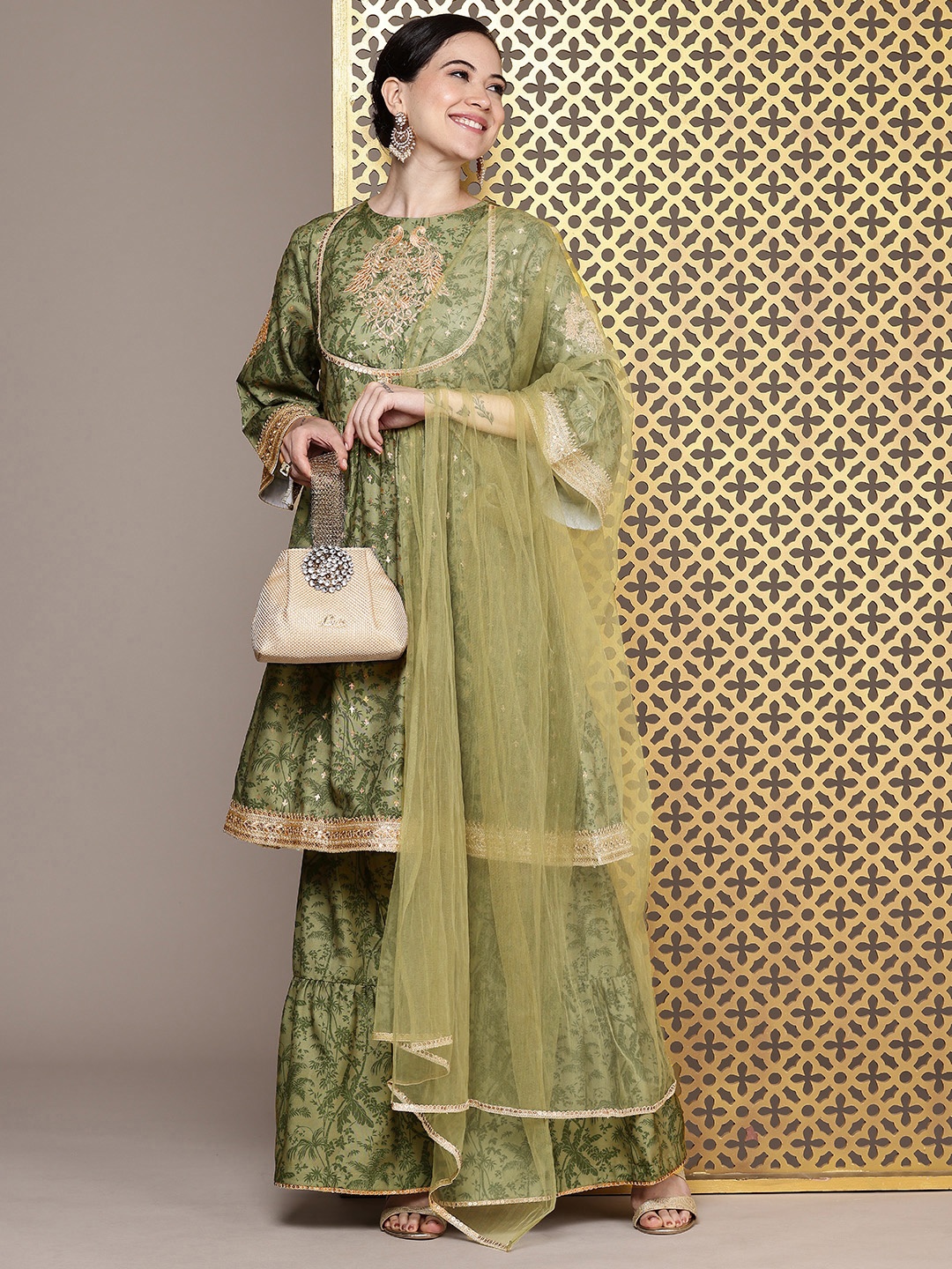 

House of Pataudi Floral Printed Regular Sequinned Jashn Kurta with Sharara & Dupatta, Green