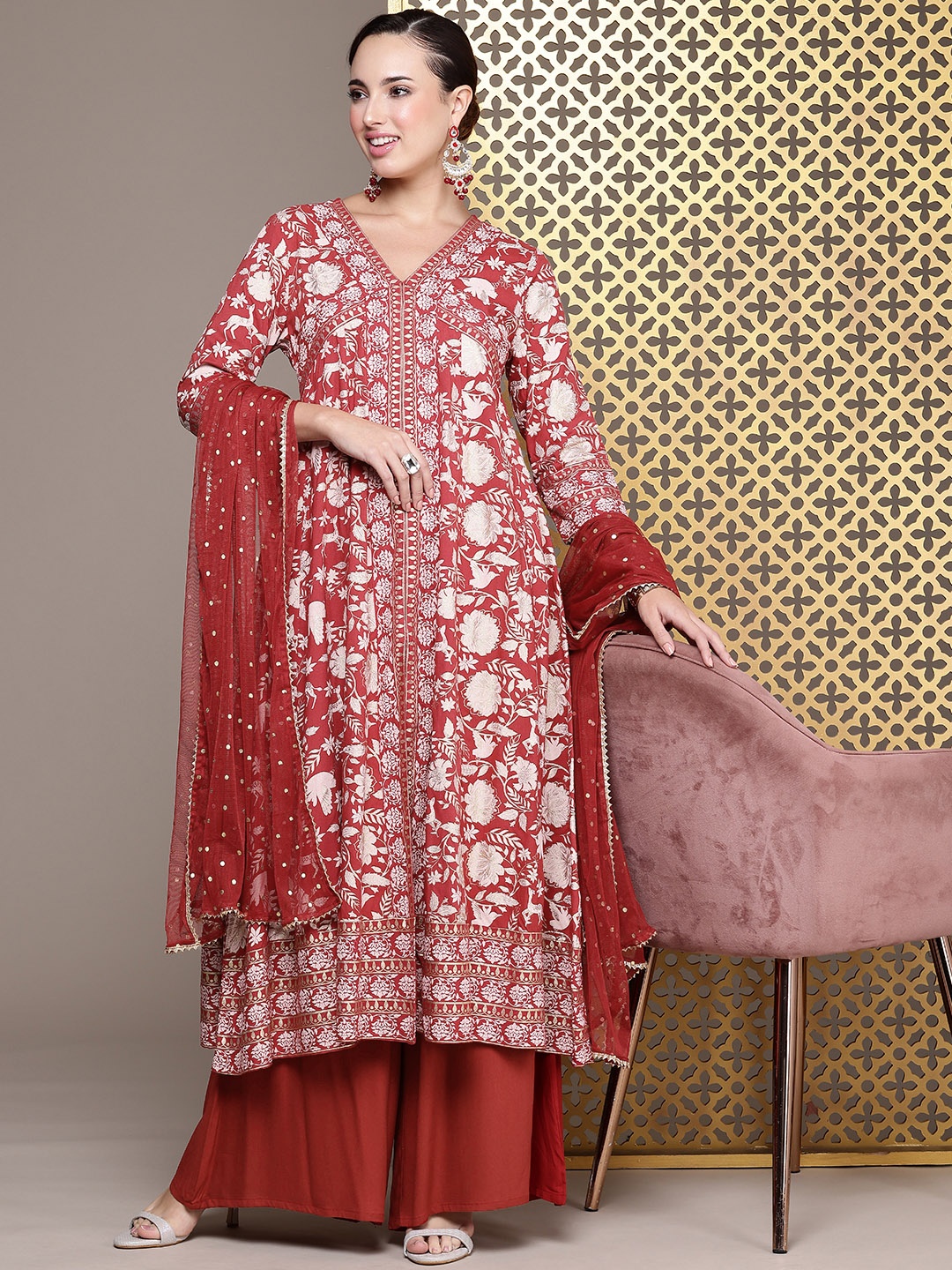 

House of Pataudi Jashn Ethnic Motifs Foil Printed A-Line Kurta With Palazzos & Dupatta, Red