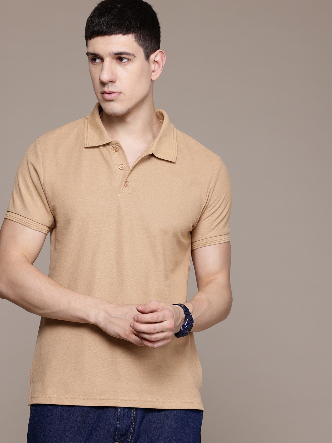 

The Roadster Lifestyle Co. Men Polo Collar T-shirt, Beige