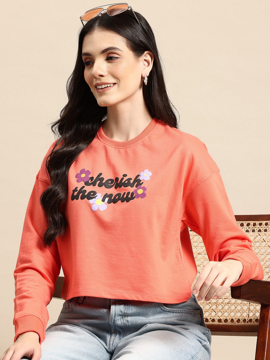 

Mast & Harbour Printed Cropped Sweatshirt, Peach