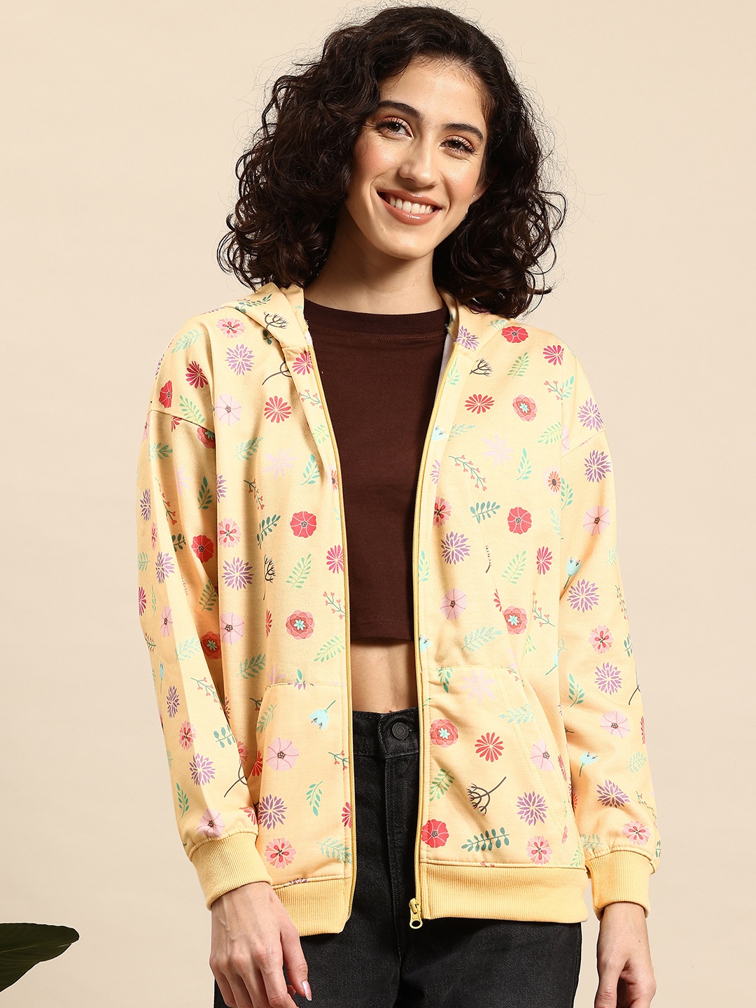 

Mast & Harbour Floral Print Hooded Sweatshirt, Yellow