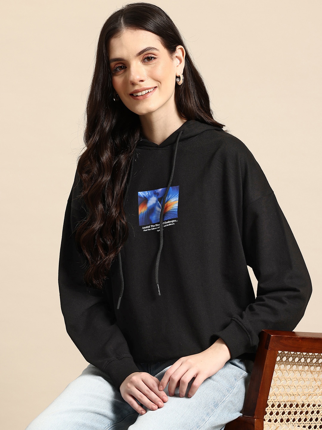 

Mast & Harbour Printed Hooded Sweatshirt, Black