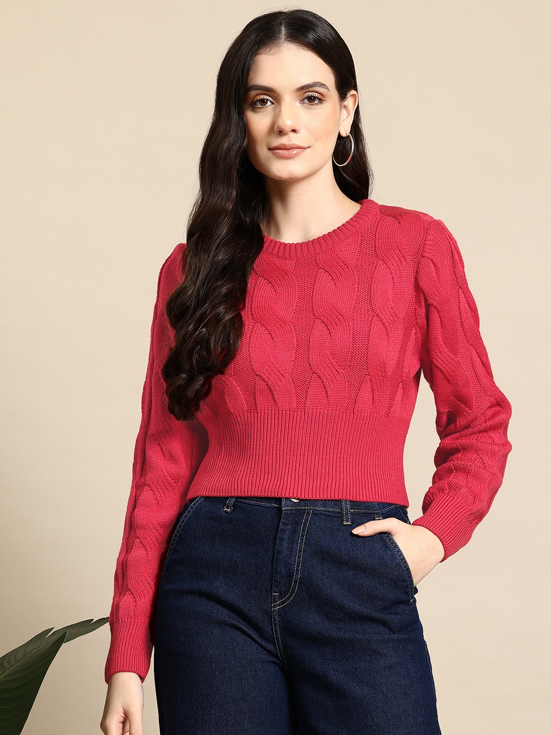 

Mast & Harbour Pure Acrylic Cable Knit Crop Pullover, Coral