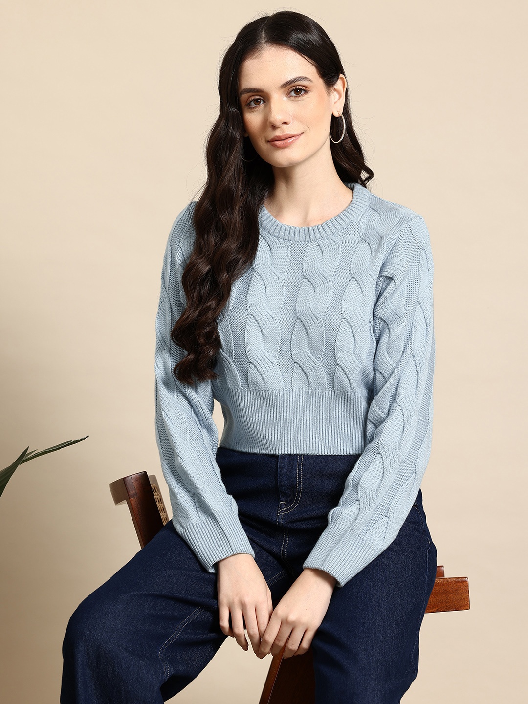 

Mast & Harbour Pure Acrylic Cable Knit Crop Pullover, Blue