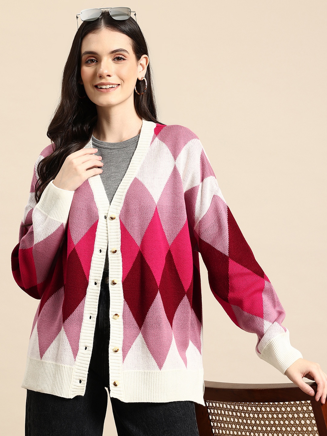 

Mast & Harbour Geometric Design Acrylic Cardigan, Multi