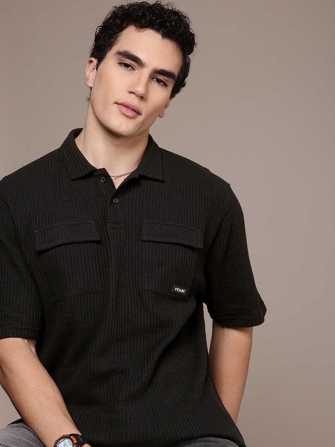 

FCUK Pure Cotton Waffle Weave Relaxed Fit Textured Pocket T-shirt, Black