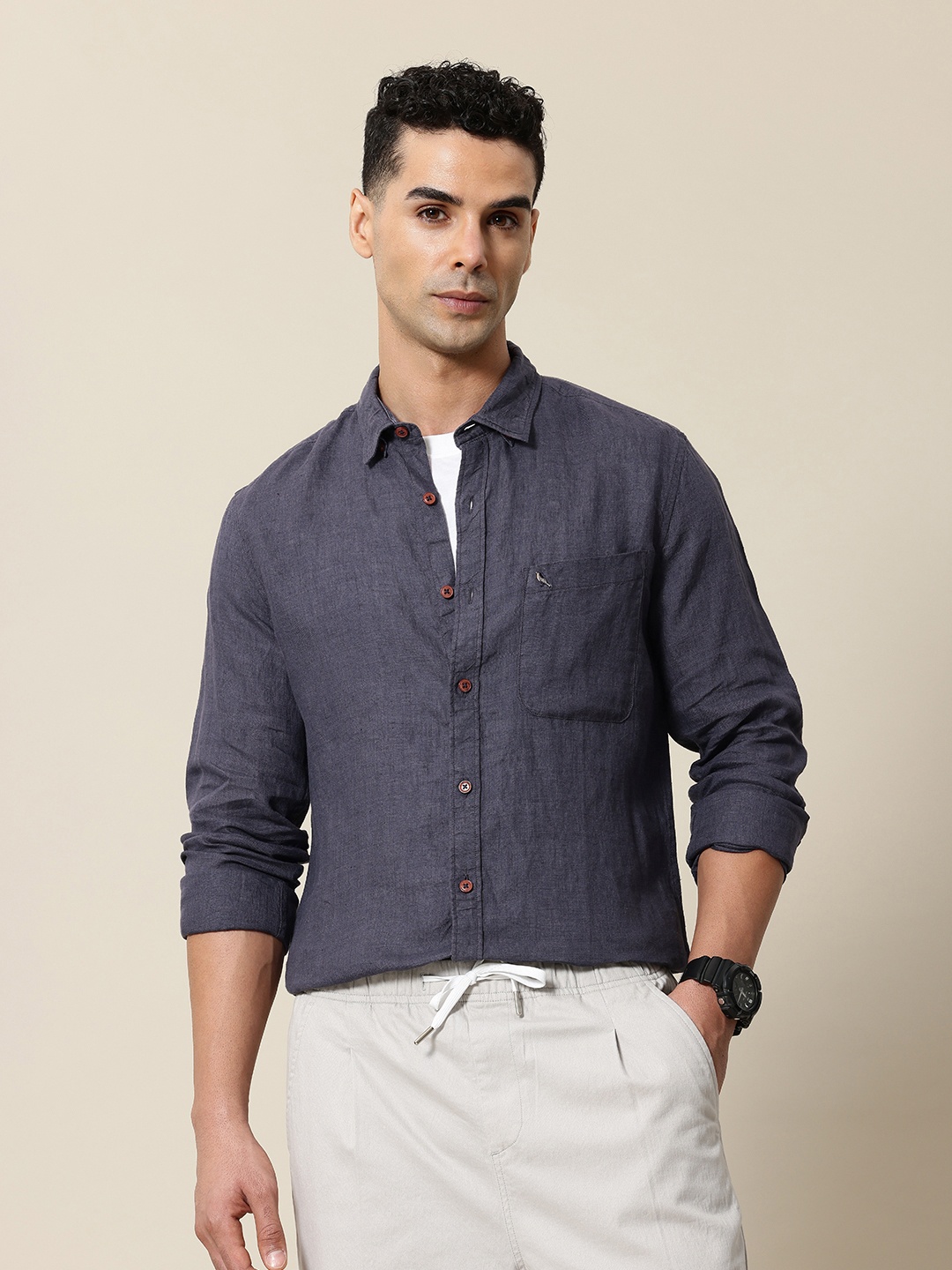 

Mr Bowerbird Pure Linen Tailored Fit Opaque Casual Shirt, Navy blue