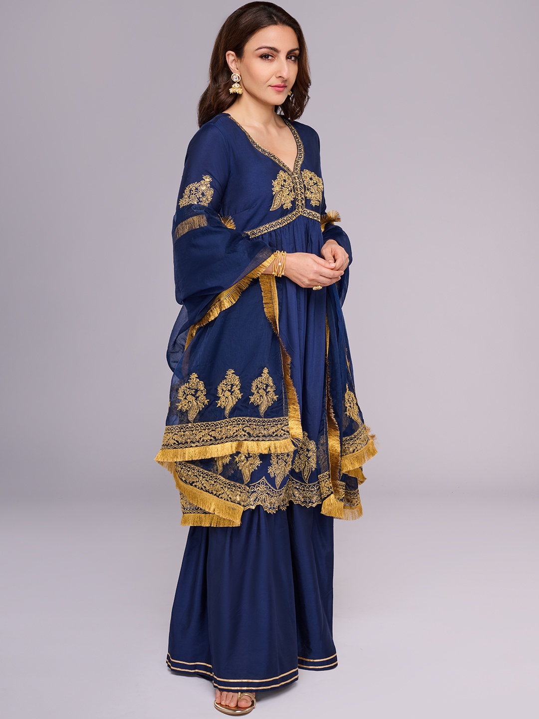 

House of Pataudi Jashn Ethnic Motifs Embroidered Zari Work Kurta with Salwar & Dupatta, Navy blue