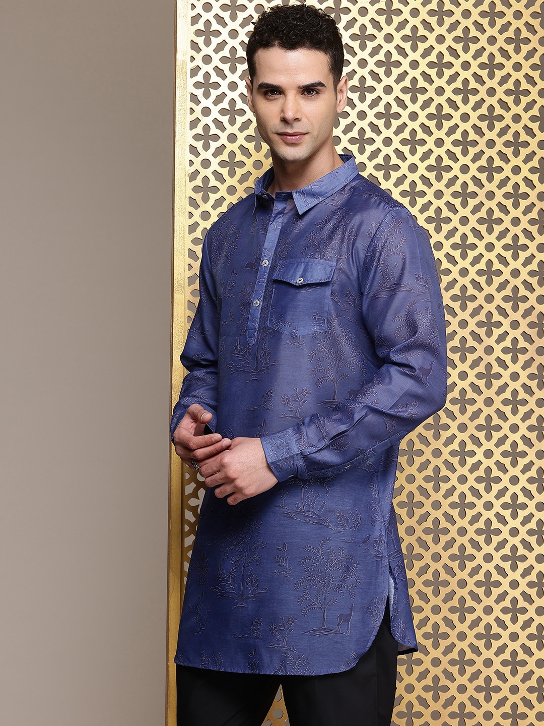 

House of Pataudi Animal Graphic Printed Jashn Kurta, Blue