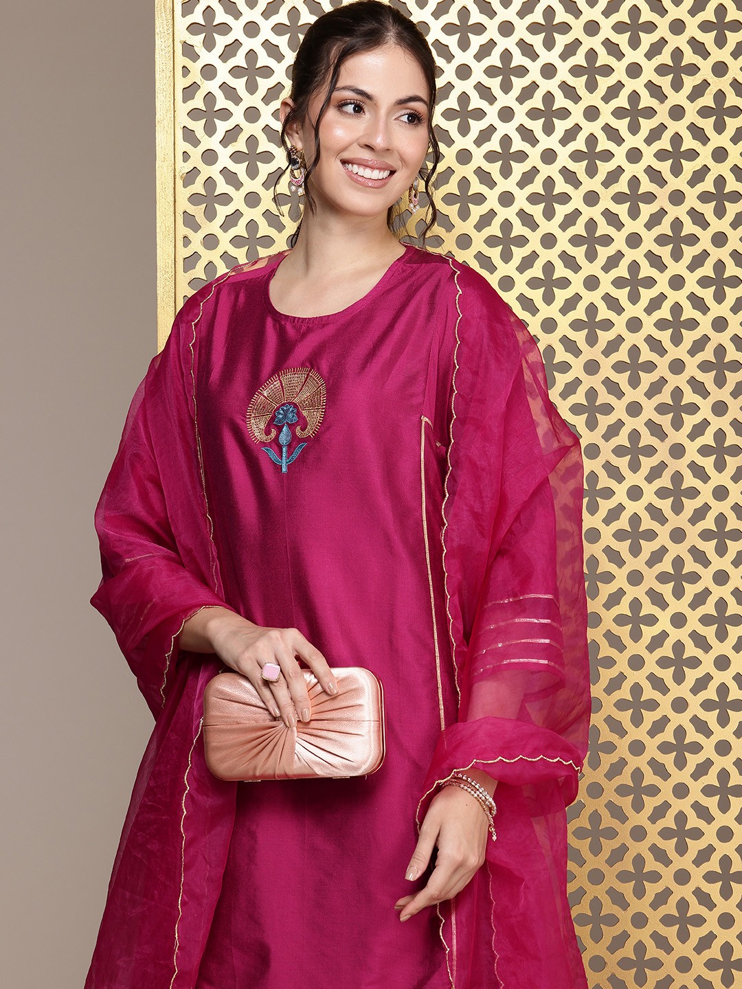 

House of Pataudi Jashn Ethnic Motifs Embroidered Sequined Kurta With Trousers & Dupatta, Fuchsia