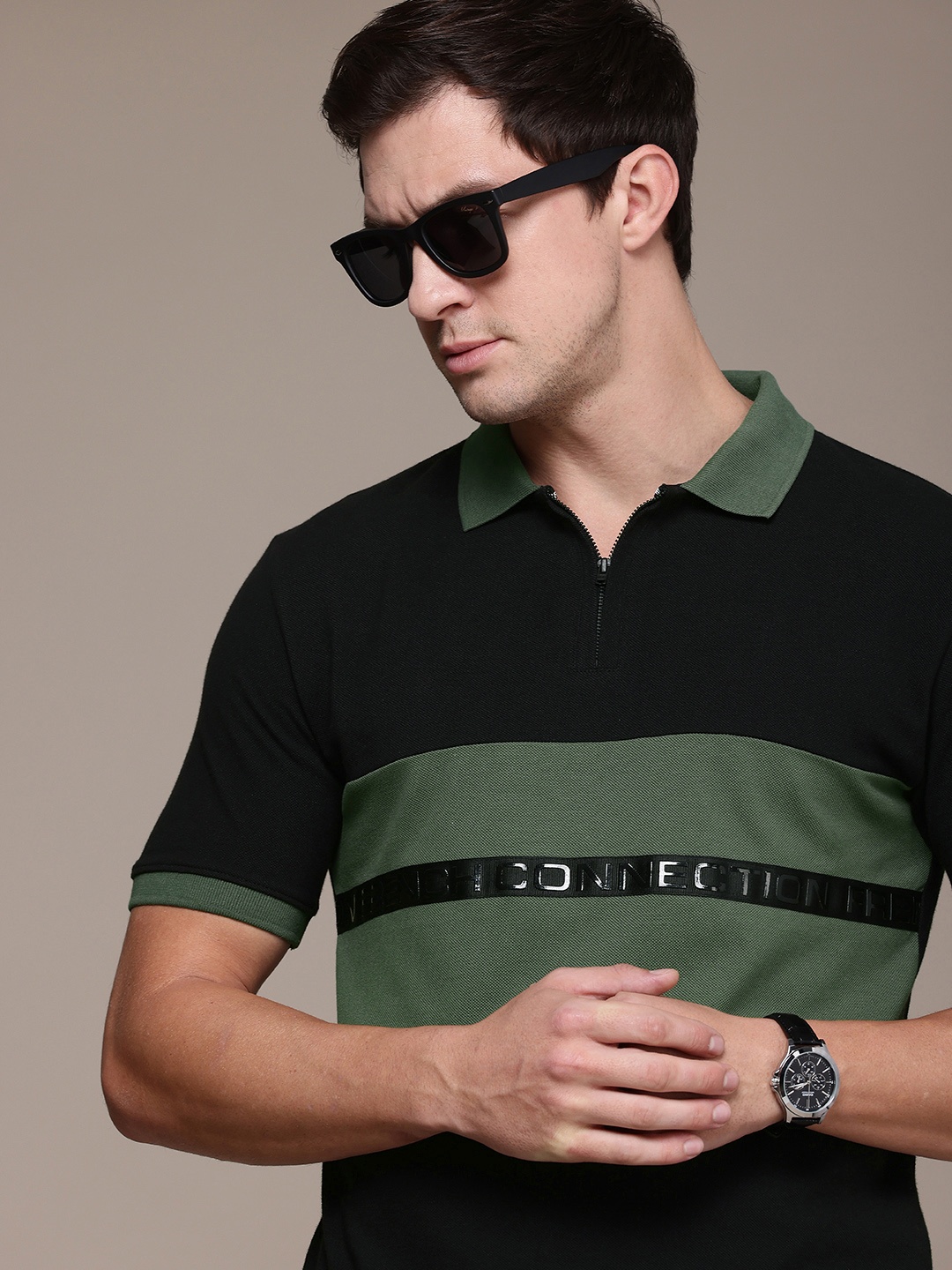 

French Connection Brand Logo Printed Polo Collar Pure Cotton T-shirt, Black