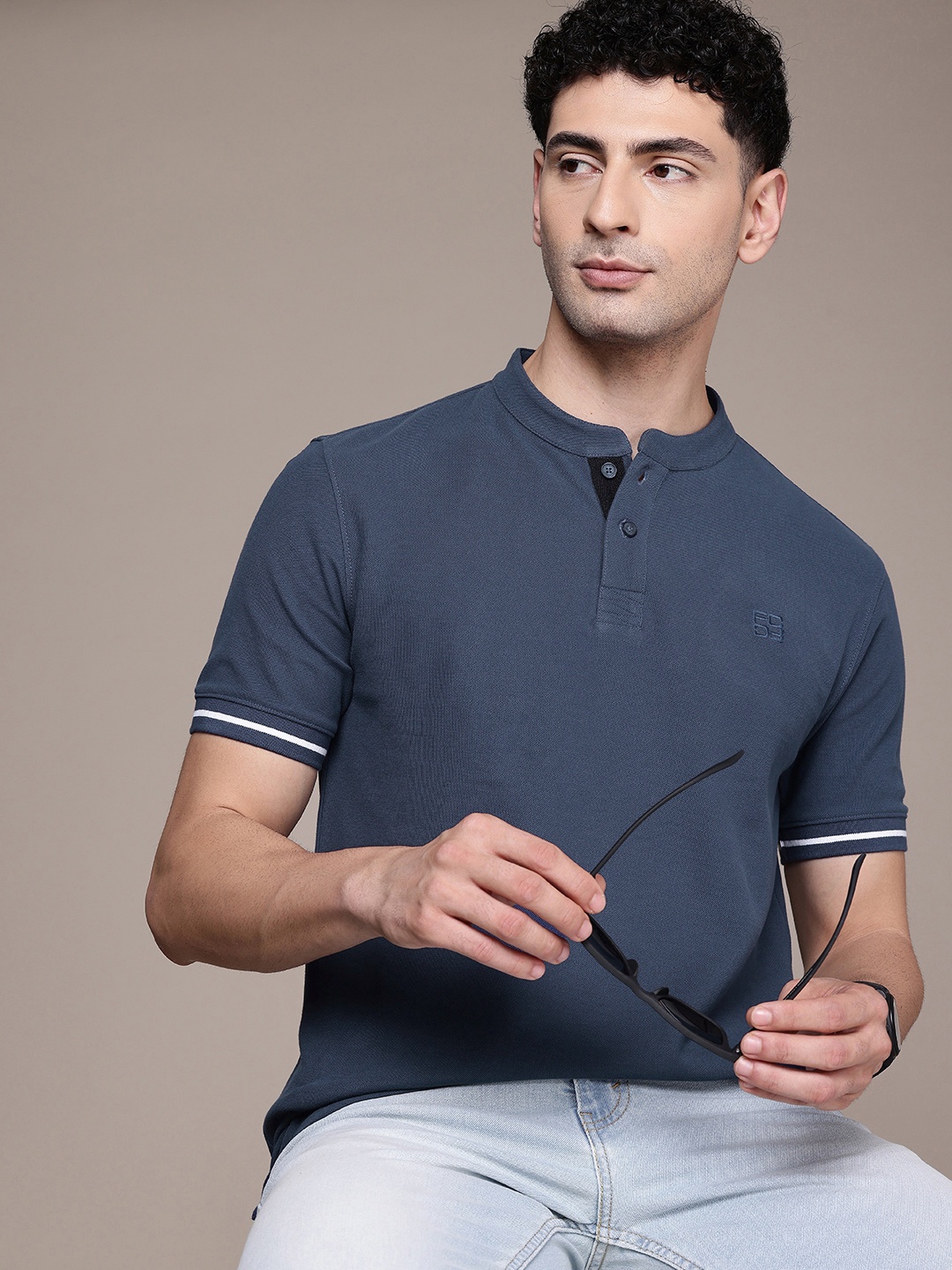 

French Connection Henley Neck Pure Cotton T-shirt, Navy blue