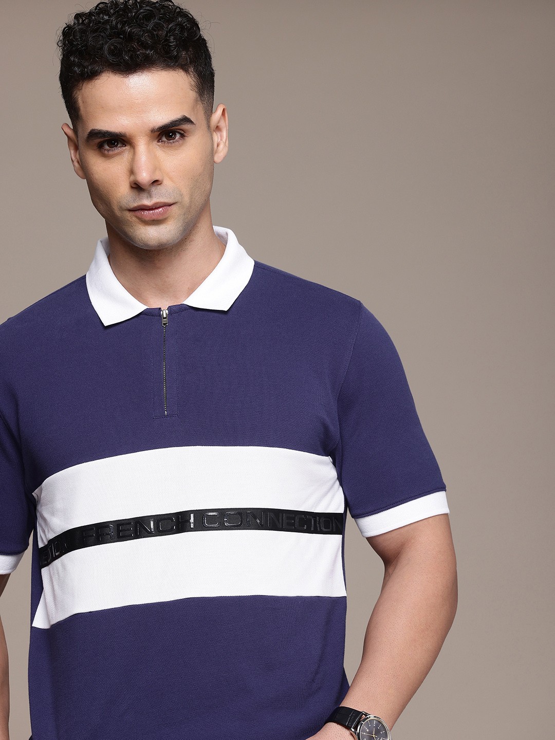 

French Connection Brand Logo Printed Polo Collar Pure Cotton T-shirt, Purple
