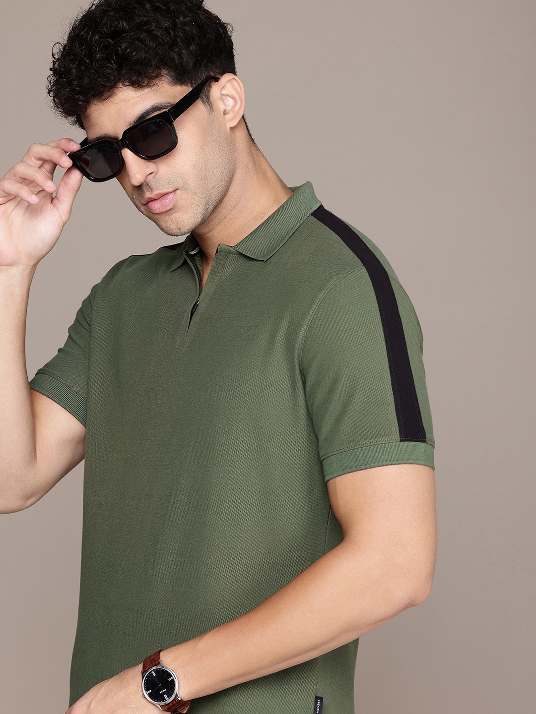 

French Connection Colourblocked Polo Collar Pure Cotton T-shirt, Olive