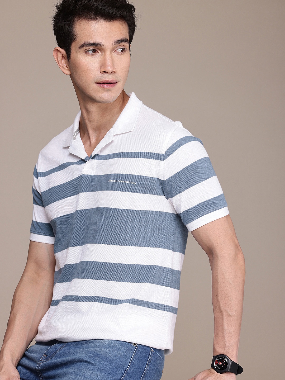 

French Connection Striped Polo Collar Pure Cotton T-shirt, White