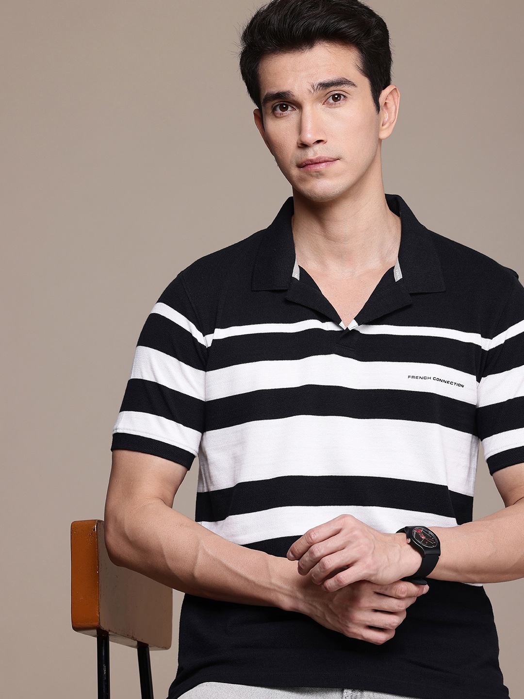 

French Connection Striped Polo Collar Pure Cotton T-shirt, Black