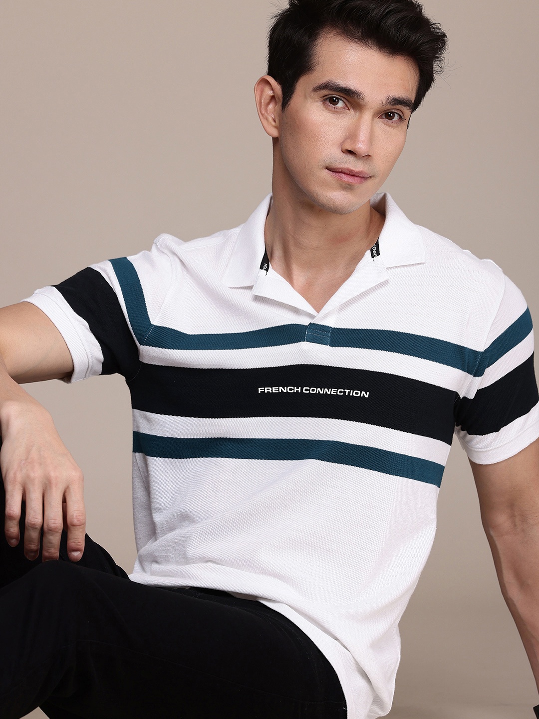 

French Connection Striped Polo Collar Pure Cotton T-shirt, White