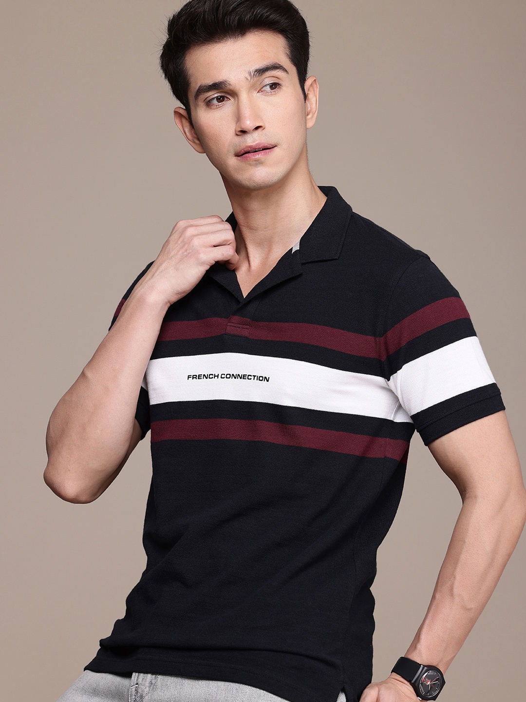 

French Connection Striped Polo Collar Pure Cotton T-shirt, Black