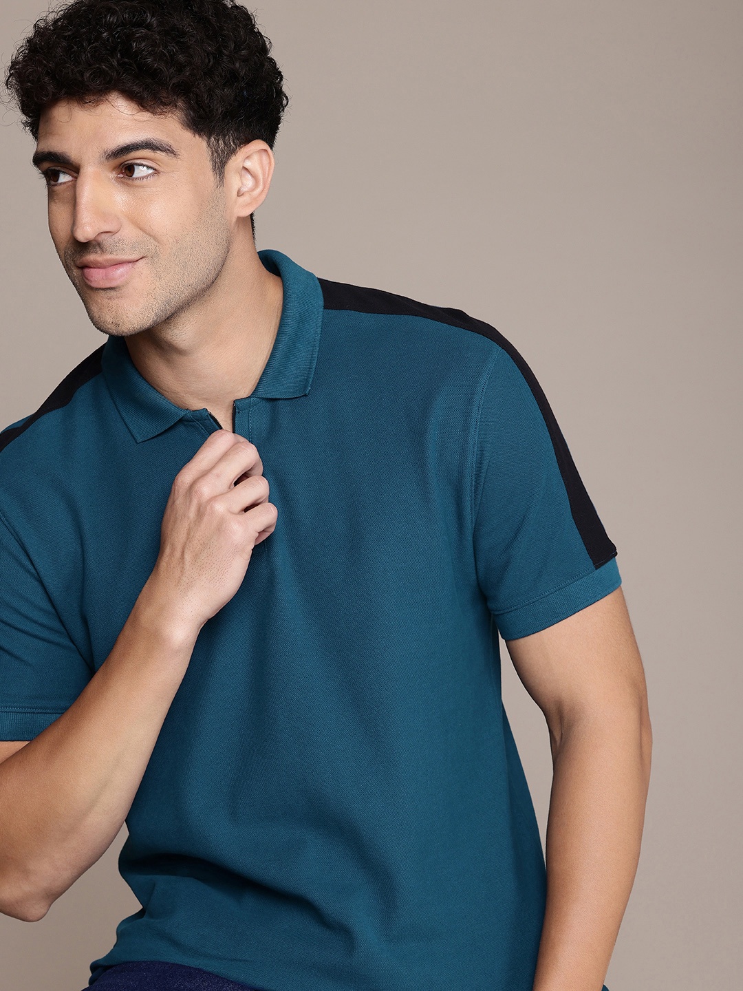 

French Connection Colourblocked Polo Collar Pure Cotton T-shirt, Teal