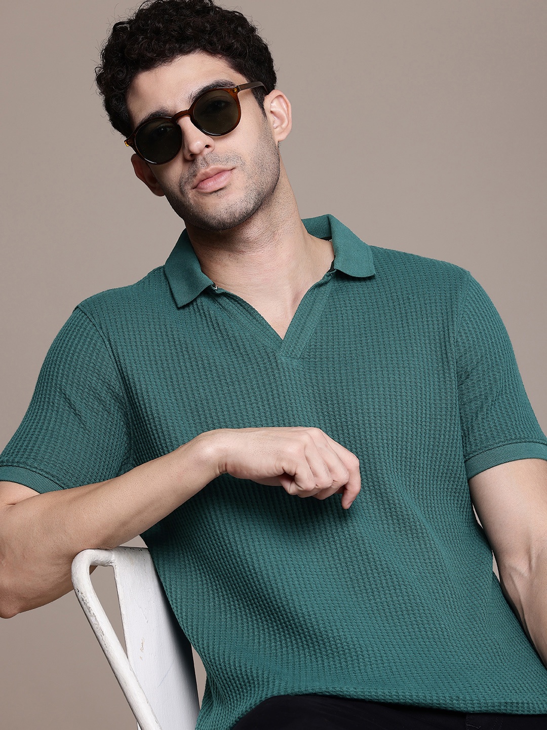 

French Connection Self Design Polo Collar Pure Cotton T-shirt, Teal