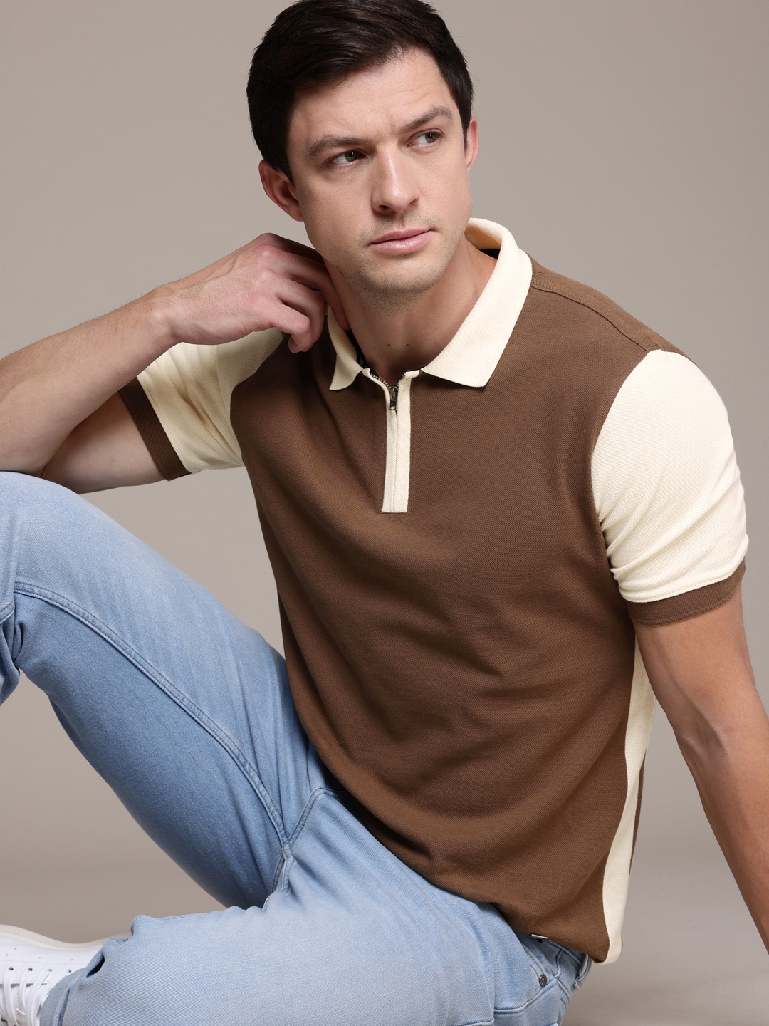 

French Connection Pure Cotton Polo Collar T-shirt, Brown