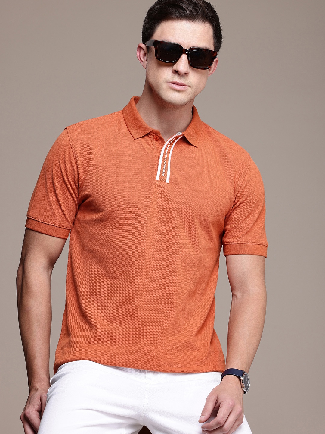 

French Connection Polo Collar Pure Cotton T-shirt, Rust