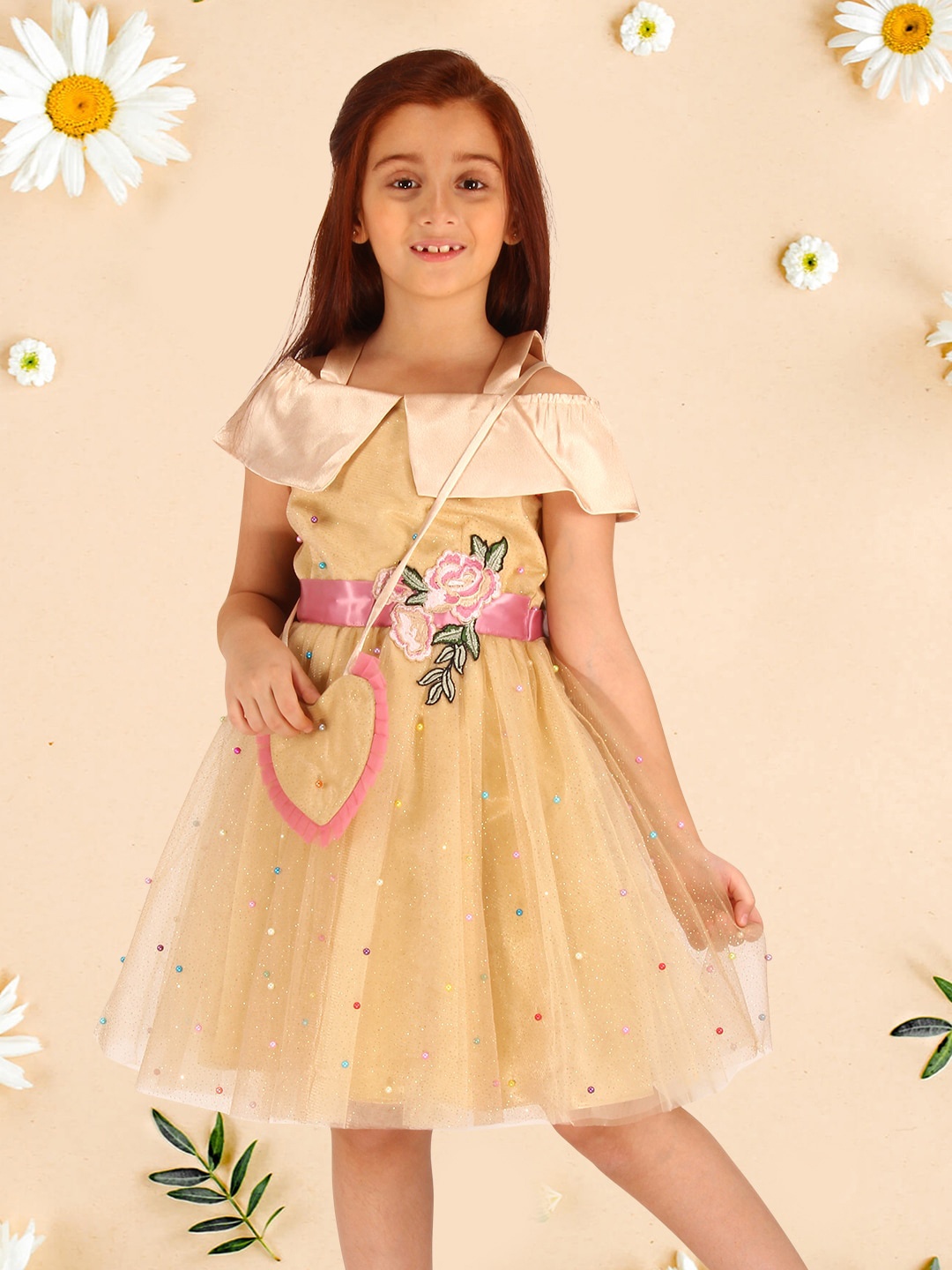 

CUTECUMBER Girls Embellished Cold-Shoulder Sleeves Organza Fit & Flare Dress, Cream