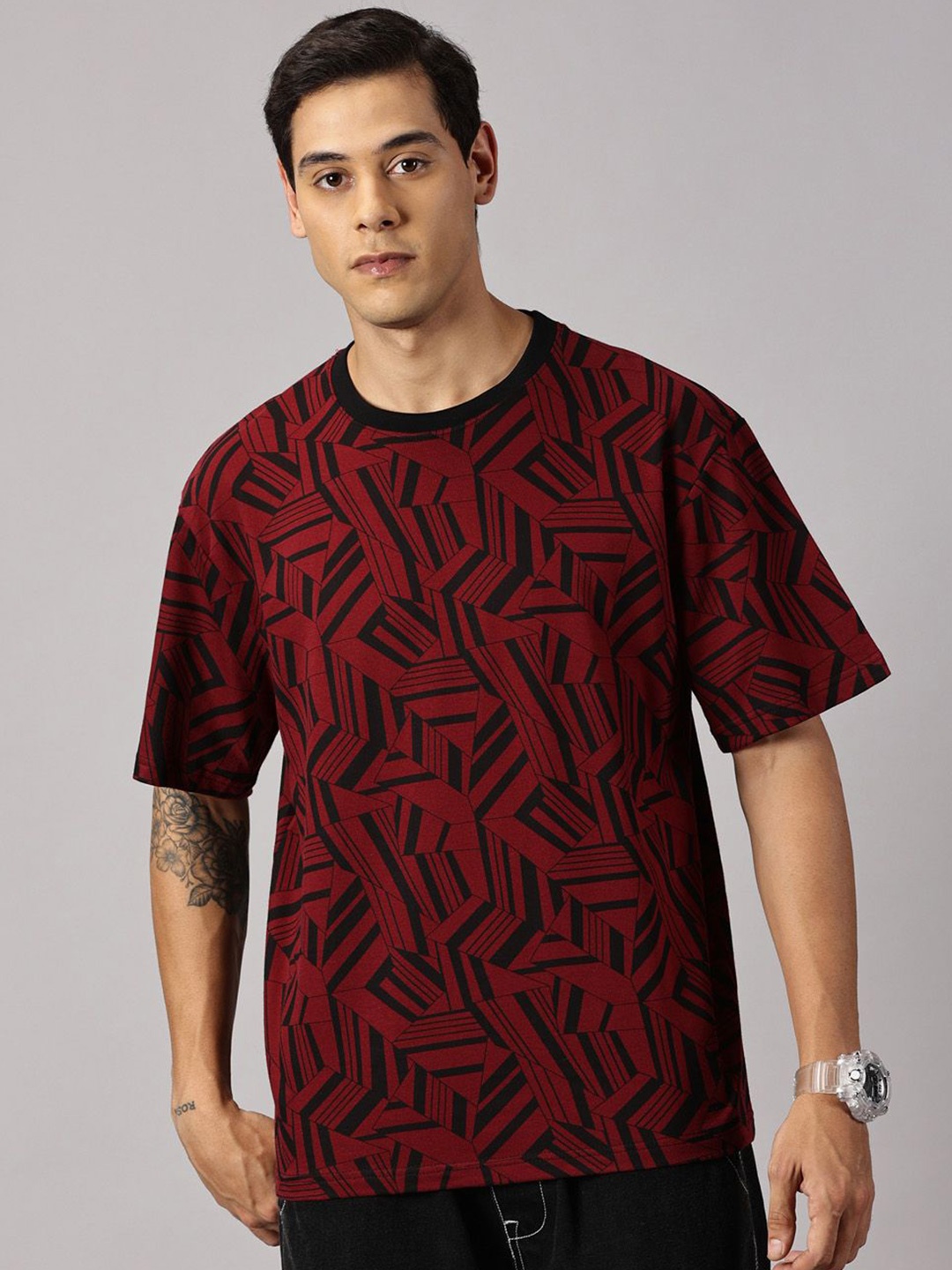 

Rodzen Round Neck Short Sleeves Printed Oversized Pure Cotton T-shirt, Maroon