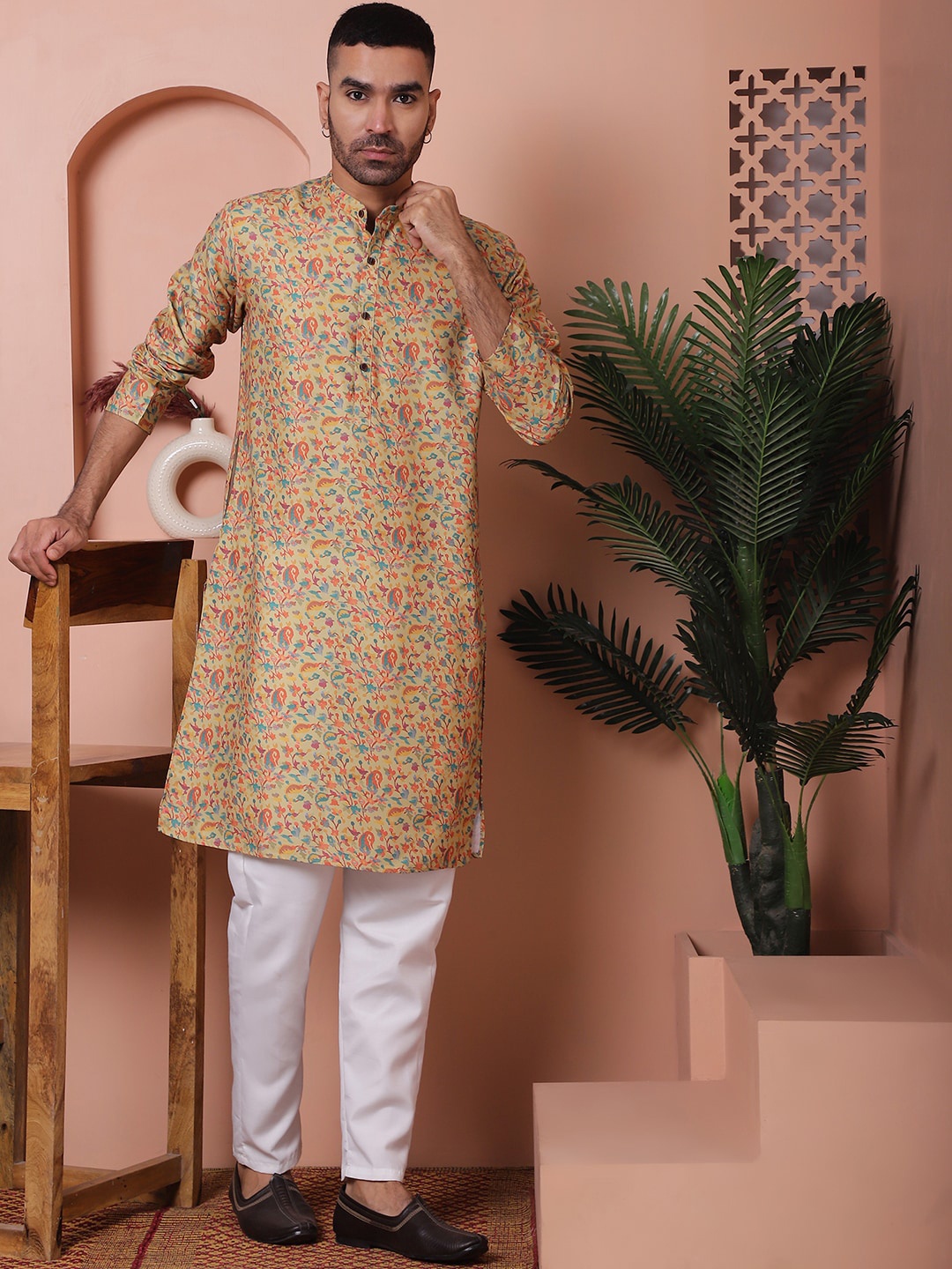 

Jompers Ethnic Motifs Printed Mandarin Collar Long Sleeves Pure Cotton Kurta with Pyjamas, Yellow