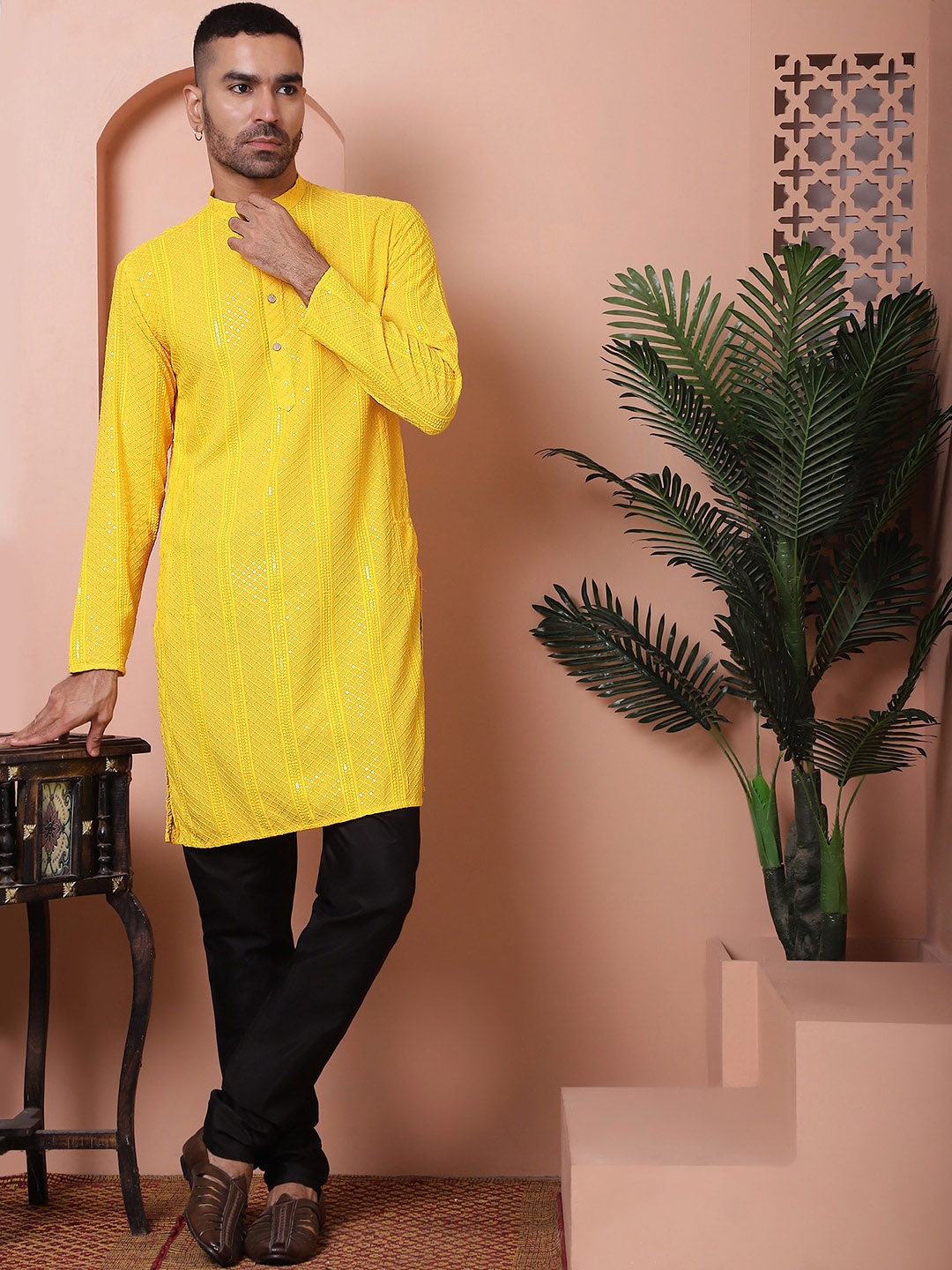 

Jompers Embroidered Regular Sequinned Kurta with Pyjama, Yellow