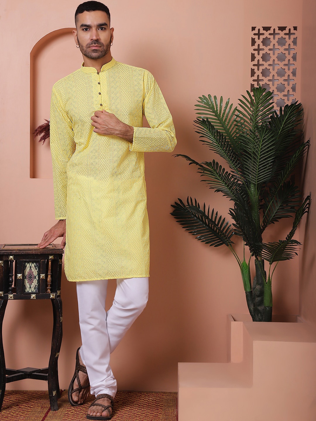 

Jompers Ethnic Motifs Embroidered Regular Chikankari Pure Cotton Kurta with Churidar, Yellow